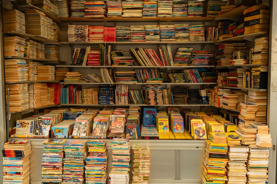 Colorful books stacked and displayed on shelves in an Italian bookstore in Trieste.